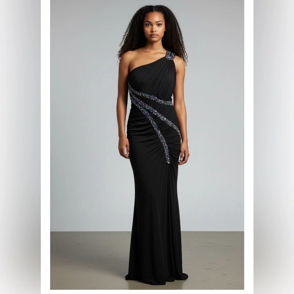 Holiday party ready Jovani Black One-Shoulder Dress sequins ruffled NWOT 8 - Picture 2 of 9